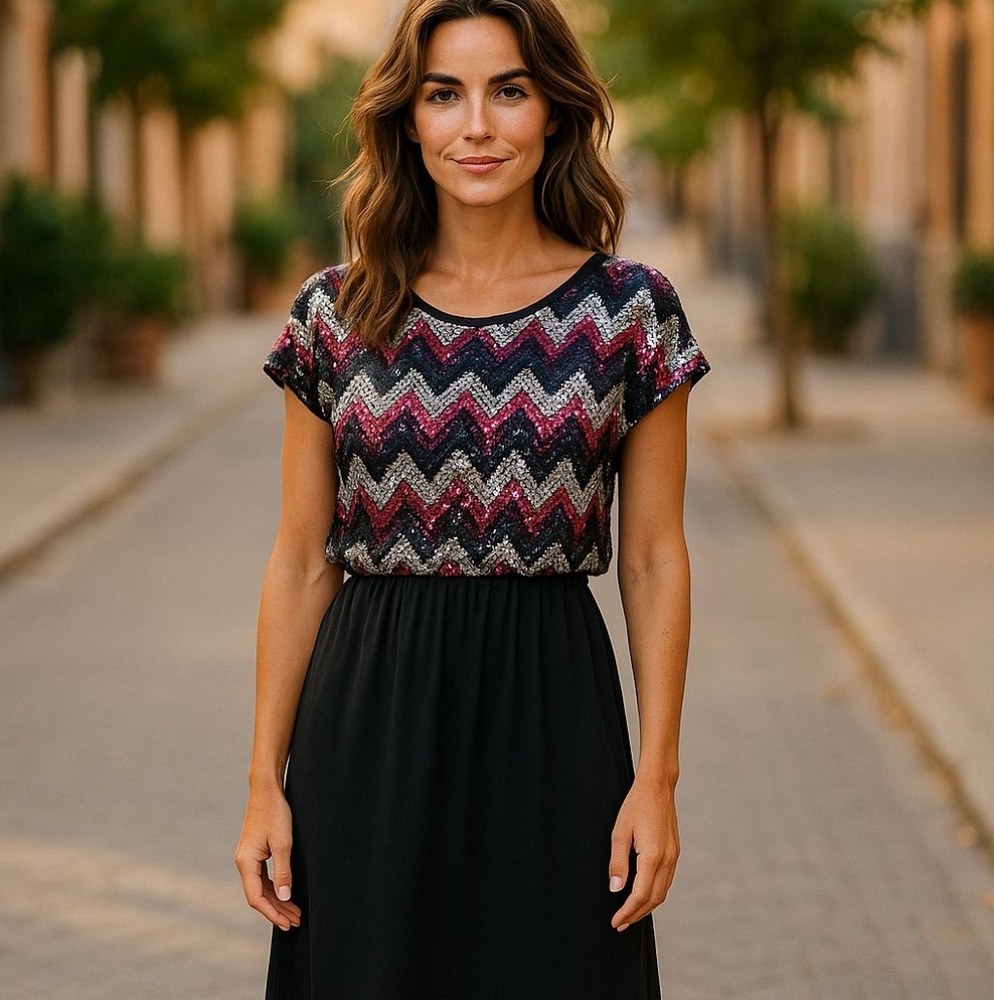 Vintage Sequin Chevron Dress in Black, Pink, and Silver